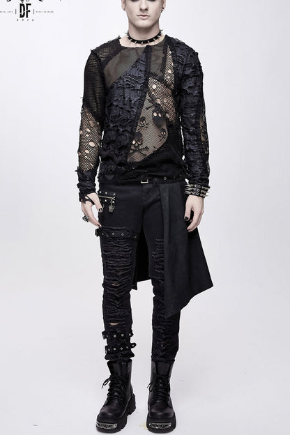 Black A Variety Of Mesh Materials Stitching Unedged Broken Holes Round Collar Men's Punk T-Shirt