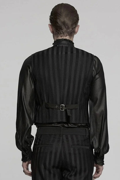 Black V Collar Sleeveless Striped Print Buckle Men's Punk Vest