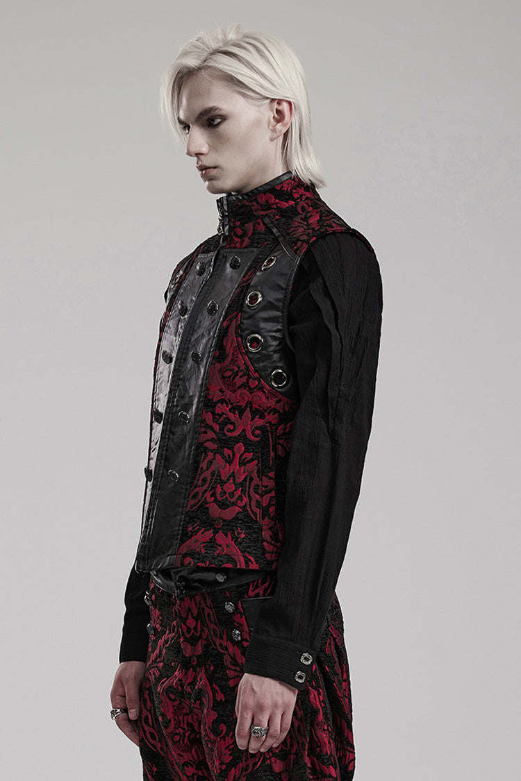 Black/Red Men's Stand Collar Jacquard Print Stitching Metal Ring Decoration Gothic Vest