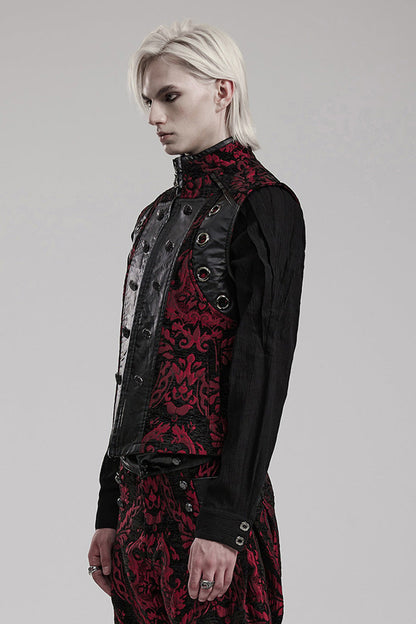 Black/Red Men's Stand Collar Jacquard Print Stitching Metal Ring Decoration Gothic Vest