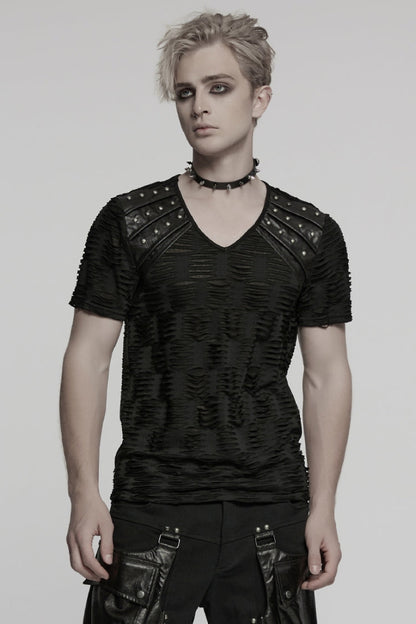 Black Short Sleeves Jacquard Faux Leather Stitching Ripped Rivet Men's Punk T-Shirt