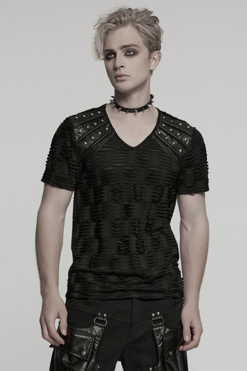 Black Short Sleeves Jacquard Faux Leather Stitching Ripped Rivet Men's Punk T-Shirt