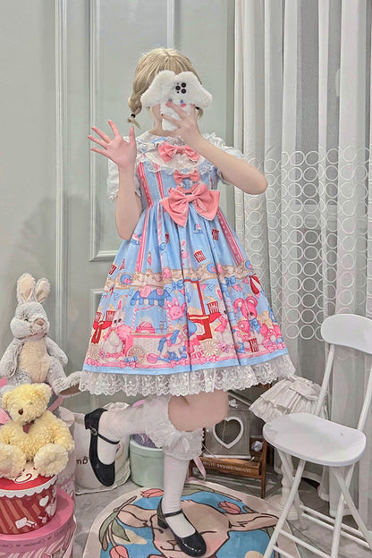 Blue/Pink Doll Playground Print Ruffle Bowknot Sweet Lolita Jsk Dress