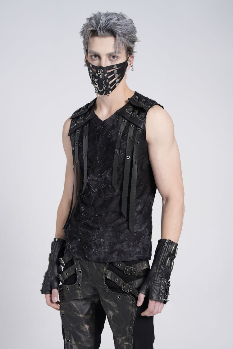 Black Sleeveless Eyelet Strap Distressed Men's Gothic Vest