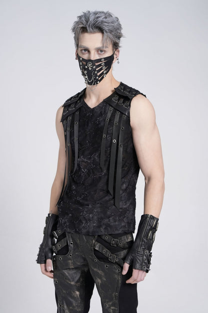 Black Sleeveless Eyelet Strap Distressed Men's Gothic Vest