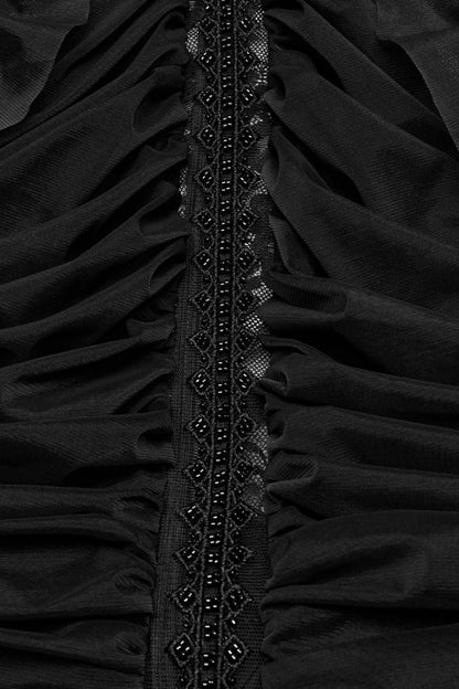 Black Short Sleeves Ruffle Stitching Lace Women's Gothic Layered Ball Gown Dress