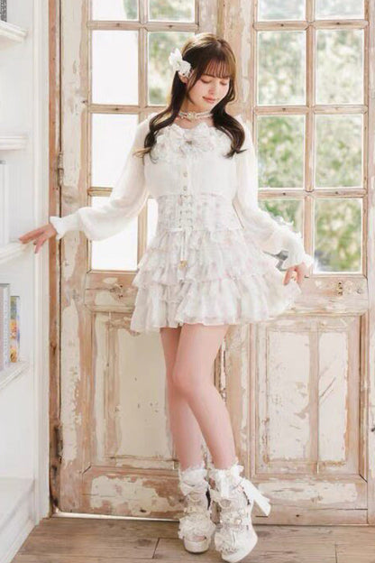 Jirai Kei Long Sleeves Multi-Layered Printed Ruffled Bow Sweet Dress 3 Colors