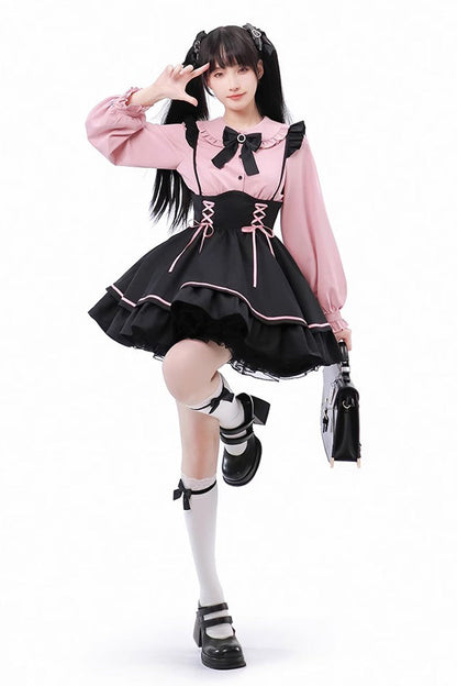 Black/Pink First Sakura Long Sleeves Multi-layer Lace-Up Sweet Jirai Kei Japanese Set