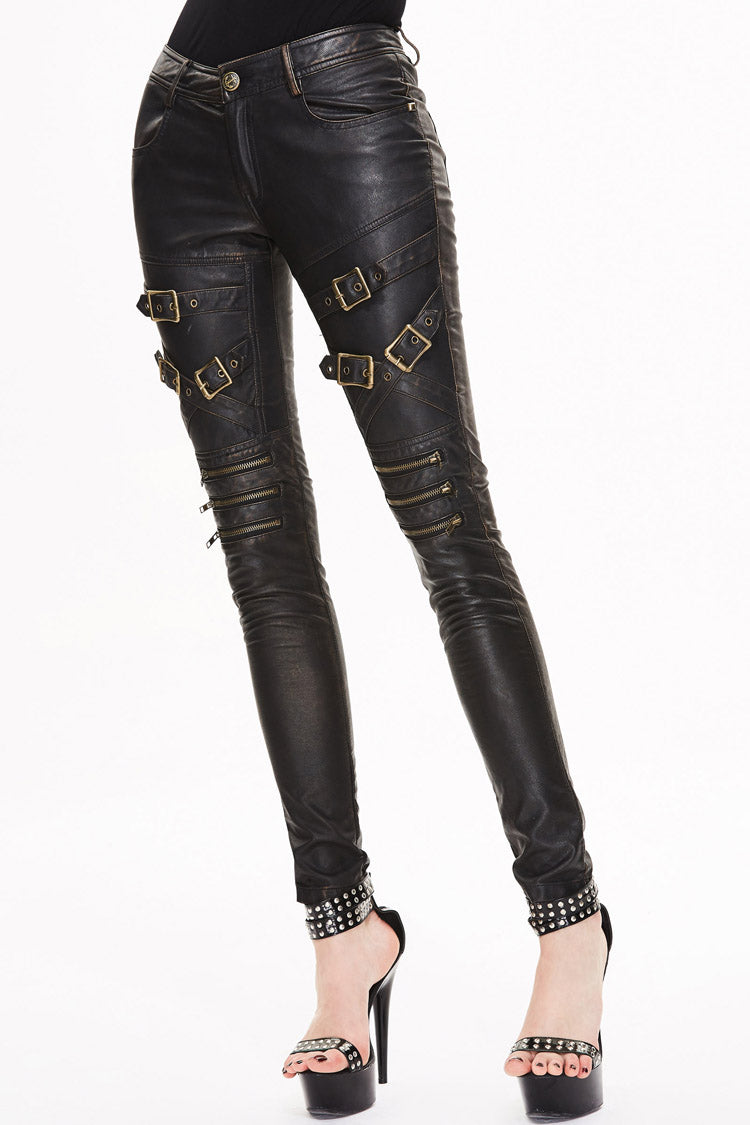 Black/Bronze Metal Zipper Decoration Metal Buckle Leather Leg Loop Leather Women's Punk Pants