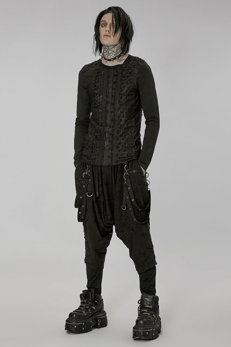 Black Ripped Men's Punk Sagging Pants with Straps