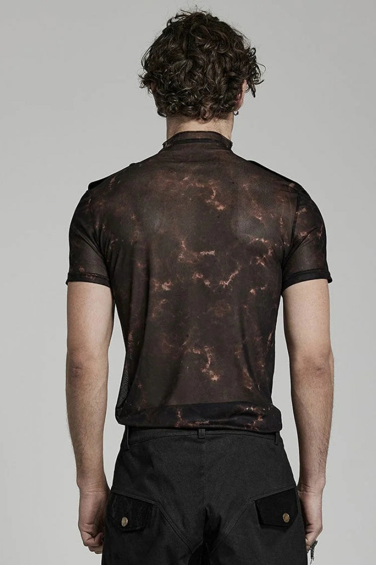Stand Collar Short Sleeves Print Slim Mens Steampunk T-Shirt 2 Colors