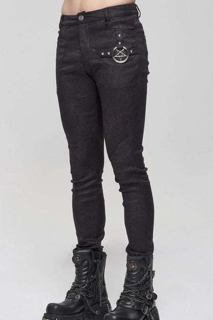 Black Punk High Collar Long Sleeve Stitched Metal Lace-Up Pentagram Hollow Texture Design Men's T-Shirt