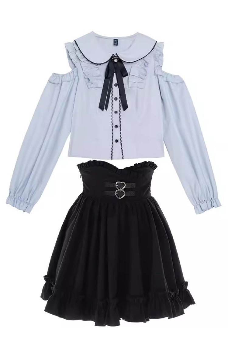 Black/Blue Off Shoulder Long Sleeves Ruffle Bowknot Sweet Jirai Kei Japanese Set