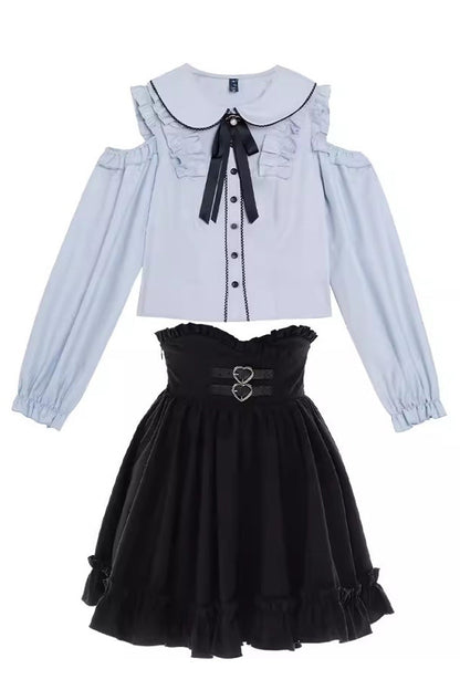 Black/Blue Off Shoulder Long Sleeves Ruffle Bowknot Sweet Jirai Kei Japanese Set