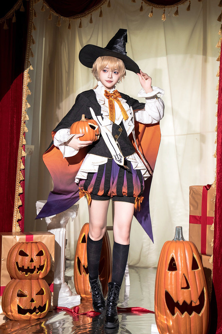 Black/Brown [Little Devil] Stand Collar Long Sleeves Gradient Print Ruffle Bowknot Gothic Prince Ouji Lolita Set