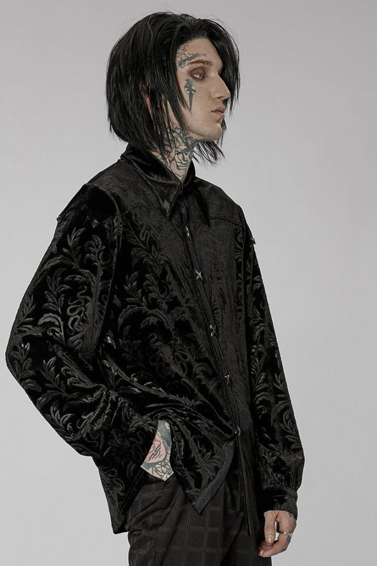 Black Stand Collar Floral Print Stitching Mens Gothic Blouse