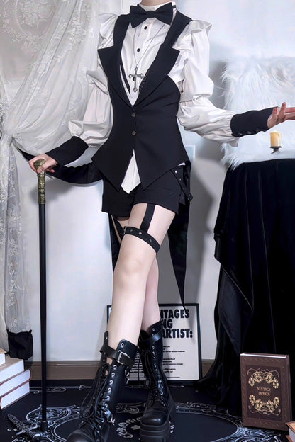 Black/White Stand Collar Long Sleeves Bowknot Gothic Prince Ouji Lolita Blouse Shorts Swallowtail Vest Set