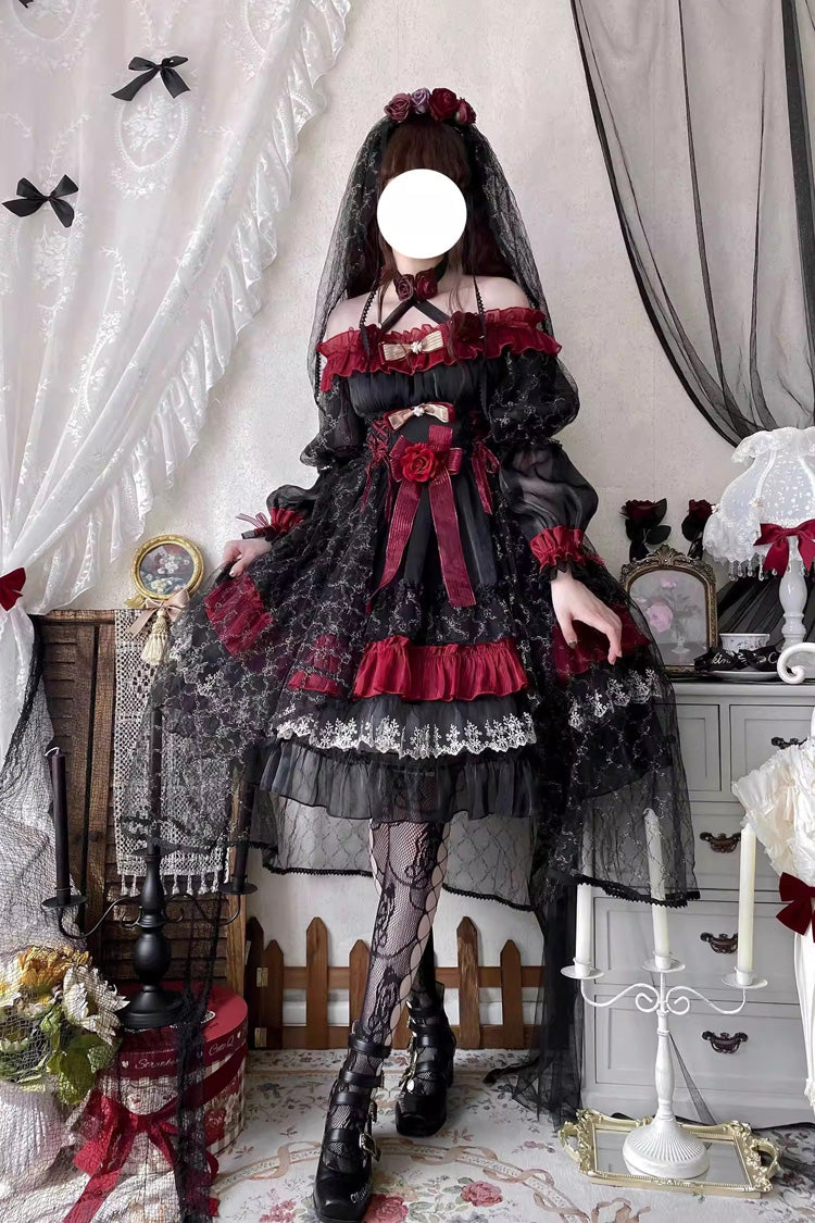 Black/Red [Perlia’s Night] Long Puff Sleeves Ruffled Open-Front Bow Lace Gothic Lolita Dress