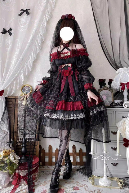 Black/Red [Perlia’s Night] Long Puff Sleeves Ruffled Open-Front Bow Lace Gothic Lolita Dress
