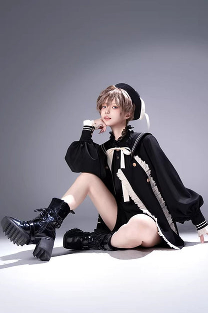 Black [City of Mist] Navy Collar Long Sleeves Gothic College Style Prince Ouji Lolita Shorts Coat Set