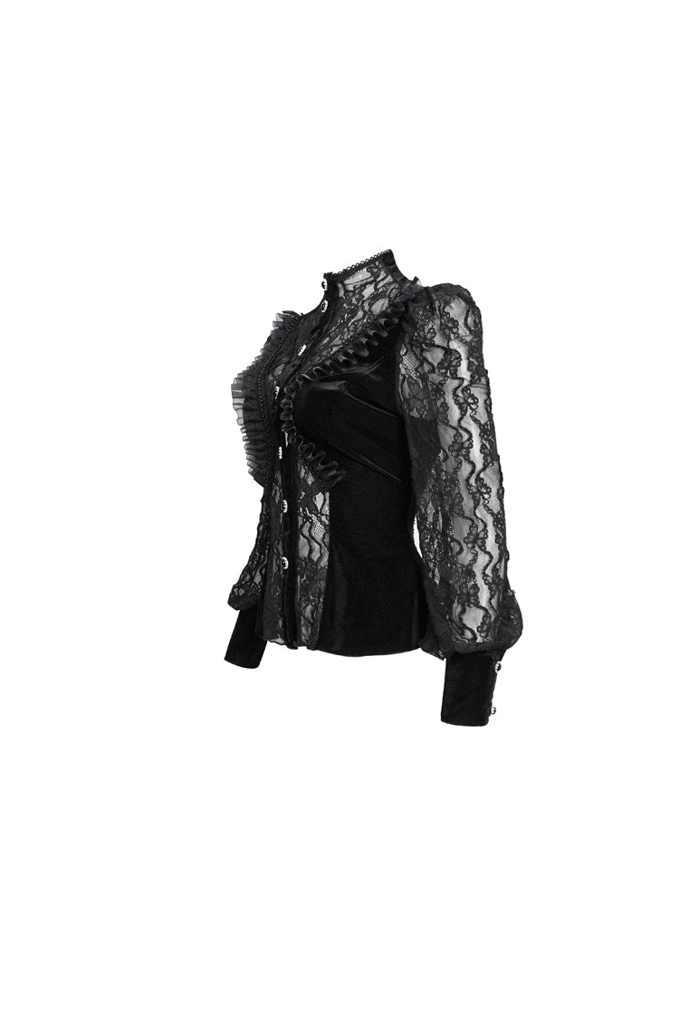 Black Velvet High Neck Lace Fake Bra Design Splicing Three-Dimensional Butterfly Mesh Women's Gothic Shirt