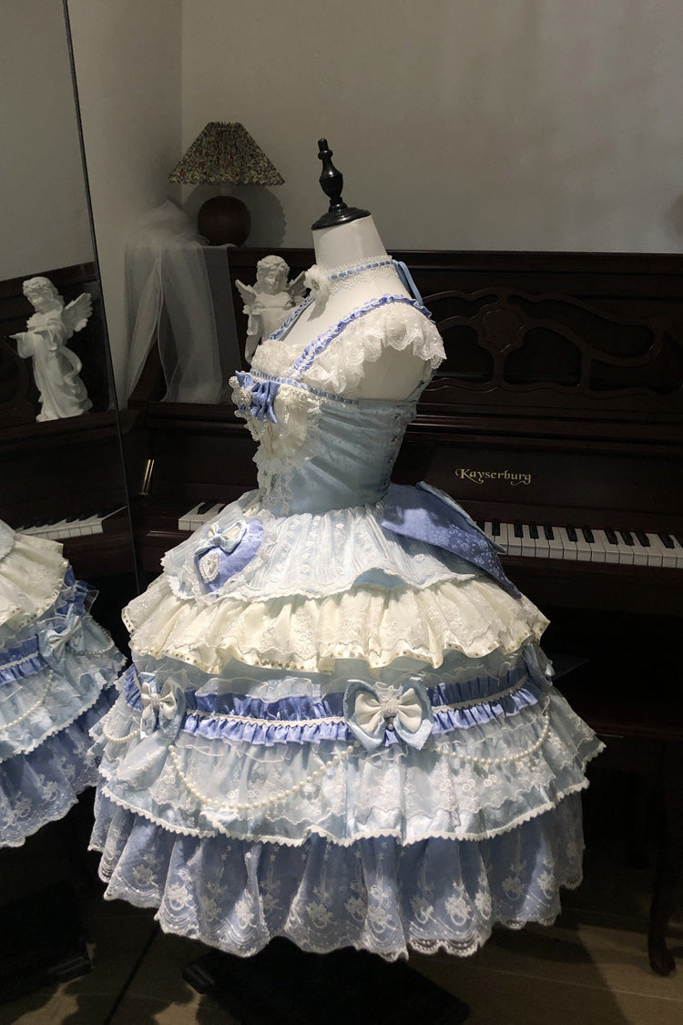 Blue [Falling Sakura] Multi-Layered Ruffled Hanayome Bow Lace Sweet Plus Size Princess Lolita Jsk Dress