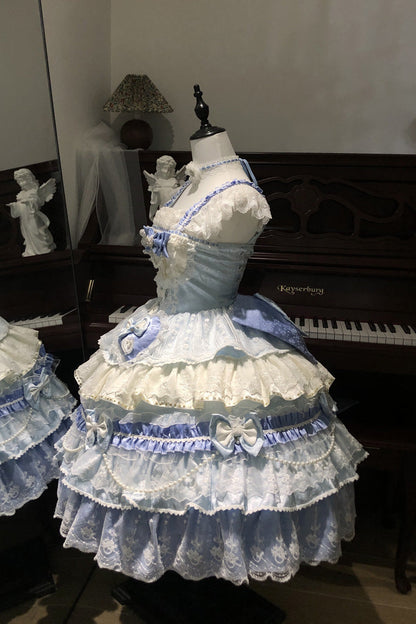Blue [Falling Sakura] Multi-Layered Ruffled Hanayome Bow Lace Sweet Plus Size Princess Lolita Jsk Dress