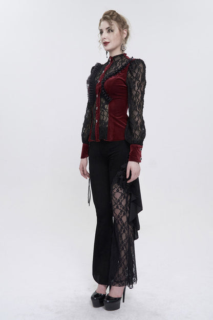 Red Velvet High Neck Lace Fake Bra Design Splicing Three-Dimensional Butterfly Mesh Women's Gothic Shirt
