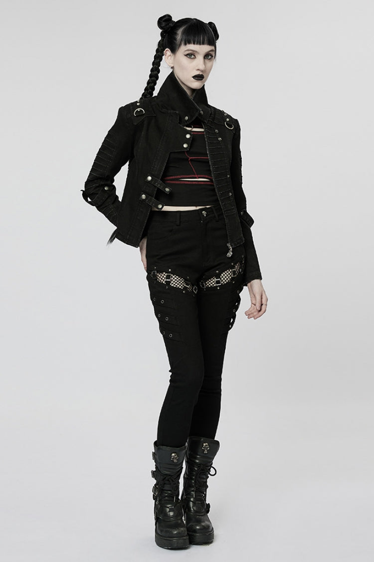 Black Stitching Slim Mesh Buckles Metal Hardware Women's Steampunk Pants