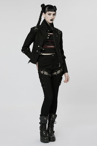 Black Stitching Slim Mesh Buckles Metal Hardware Women's Steampunk Pants