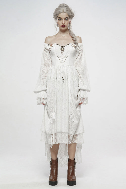 White Off Shoulder Long Puff Sleeves Ruffle Mesh Women's Gothic Dress