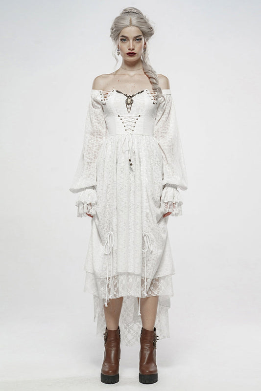White Off Shoulder Long Puff Sleeves Ruffle Mesh Women's Gothic Dress