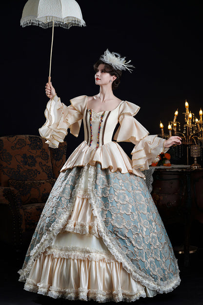Blue/Champagne Half Trumpet Sleeves Ruffle Embroidery Cardigan Lace Classic Princess Palace Lolita Victorian Dress