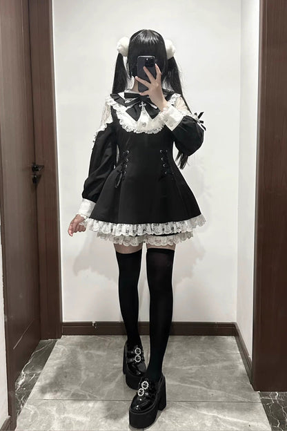 Black/White [Divine love] Long Sleeves Hollow Bowknot Lace Lace-Up Sweet Jirai Kei Dress Shorts Set