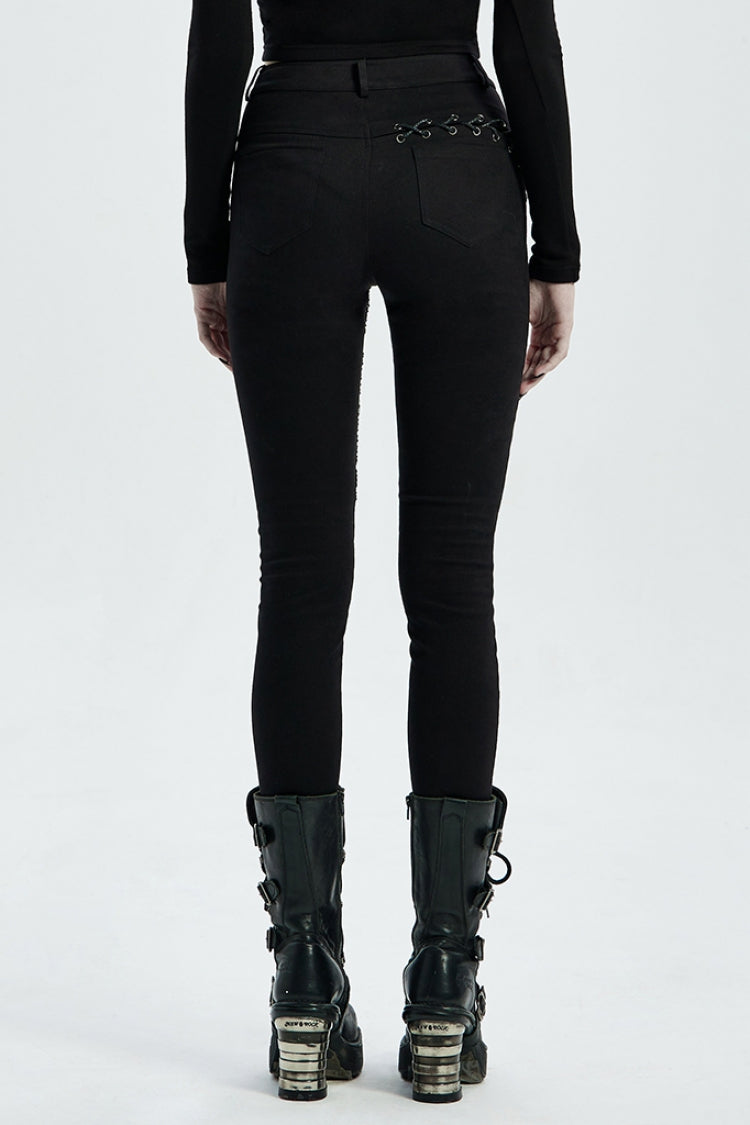 Buttonhole Drawstring Stitching Lace-Up Mesh Women's Steampunk Skinny Jeans Pants 2 Colors