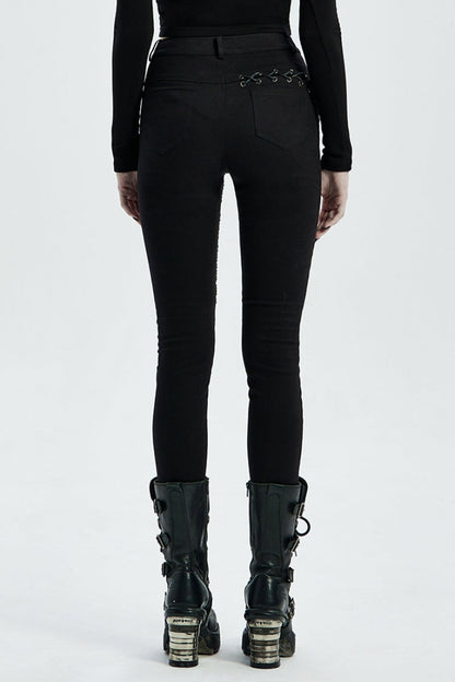 Buttonhole Drawstring Stitching Lace-Up Mesh Women's Steampunk Skinny Jeans Pants 2 Colors
