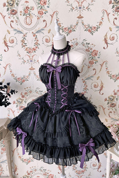 Black Purple Tube Top Sleeveless Blowknot Ruffled Gothic Lolita Tiered Dress