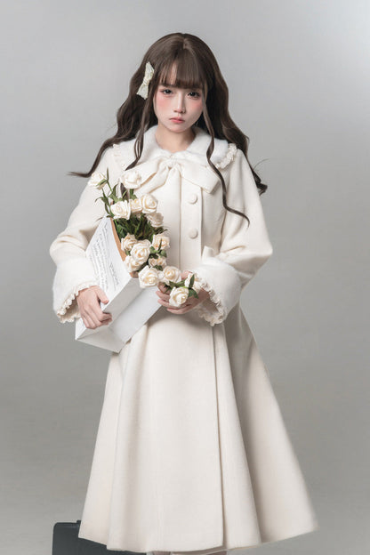 White [First Snow] Doll Collar Long Sleeves Bow Sweet Lolita Coat