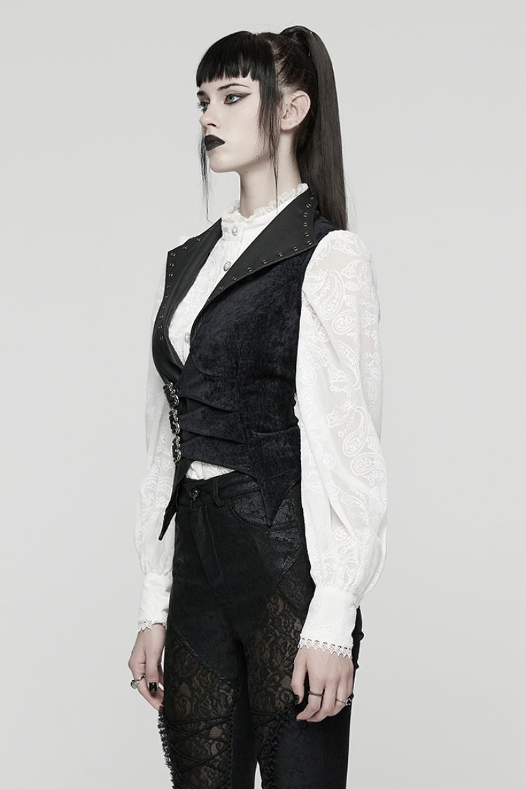 Black V Collar Sleeveless Lace-Up Buckled Eyelet Women's Gothic Vest