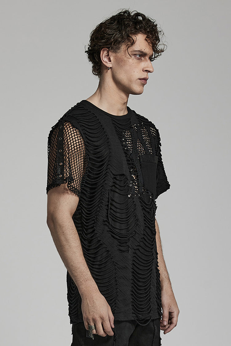 Black Short Sleeves Stitching Mesh Ripped Men's Punk T-Shirt