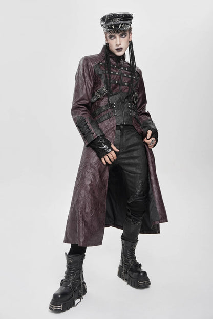 Red Stand Collar Zipper Straps Eyelet Men's Punk Coat