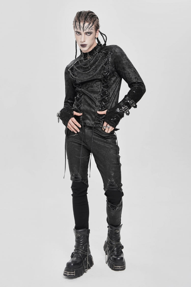 Black Stitching Lace-Up Mesh Chain Men's Punk Blouse