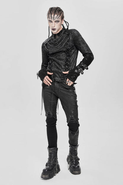 Black Stitching Lace-Up Mesh Chain Men's Punk Blouse