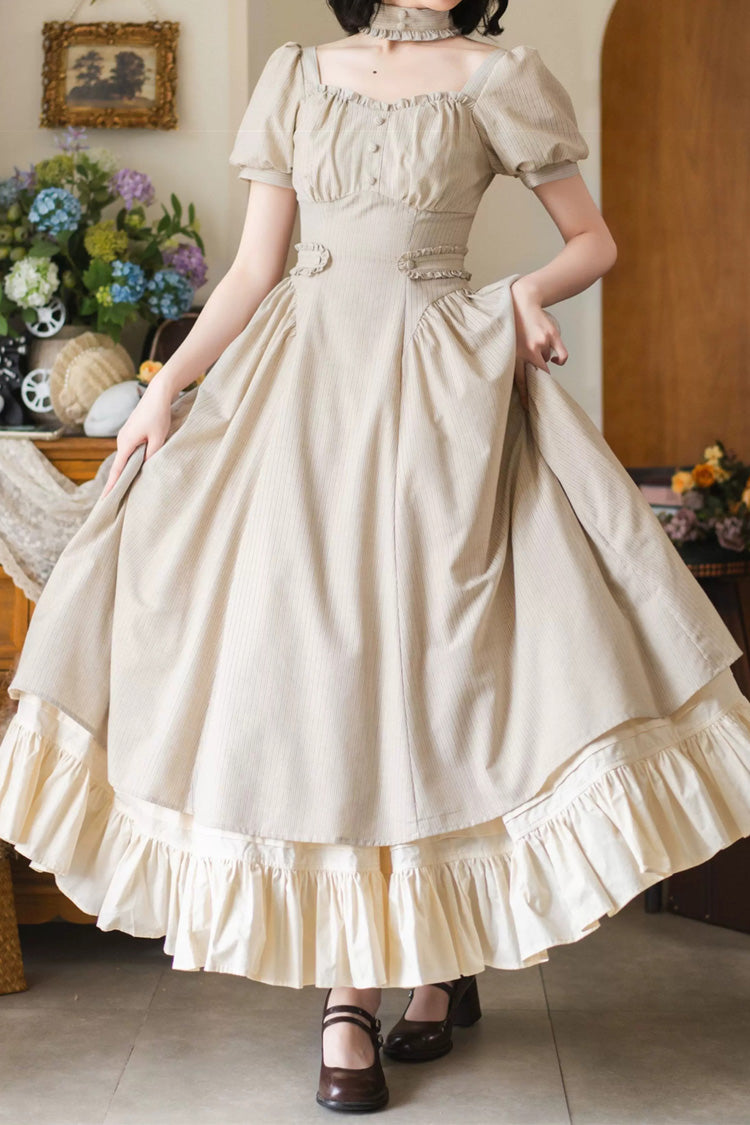 Light Khaki [Chantilly Forest] Square Collar Short Sleeves Striped Printed Ruffled Classic Vintage Elegant Lolita Dress