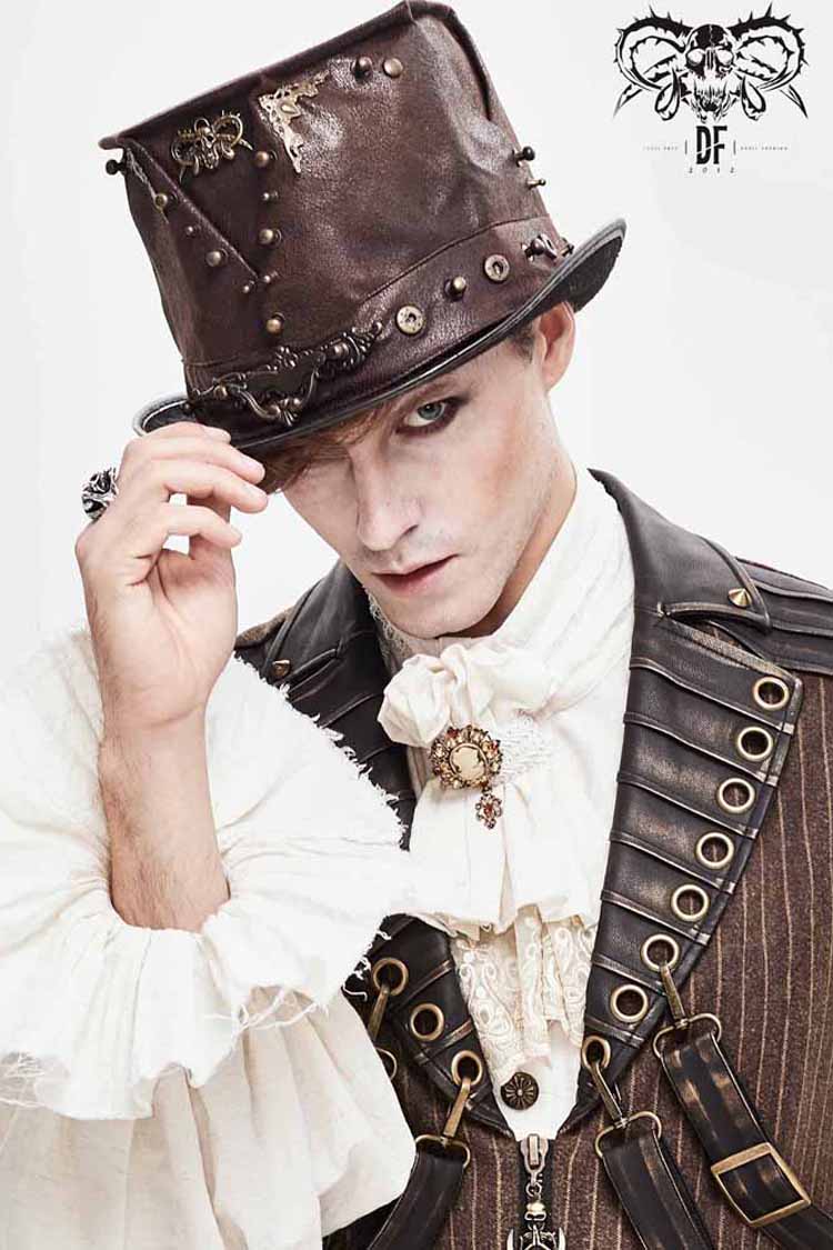 Brown Medium Top Leather Metal Stud Decorated Men's Gothic Hat