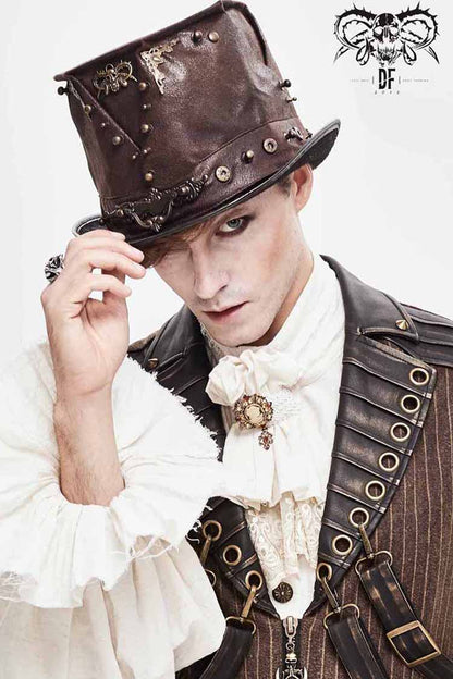 Brown Medium Top Leather Metal Stud Decorated Men's Gothic Hat