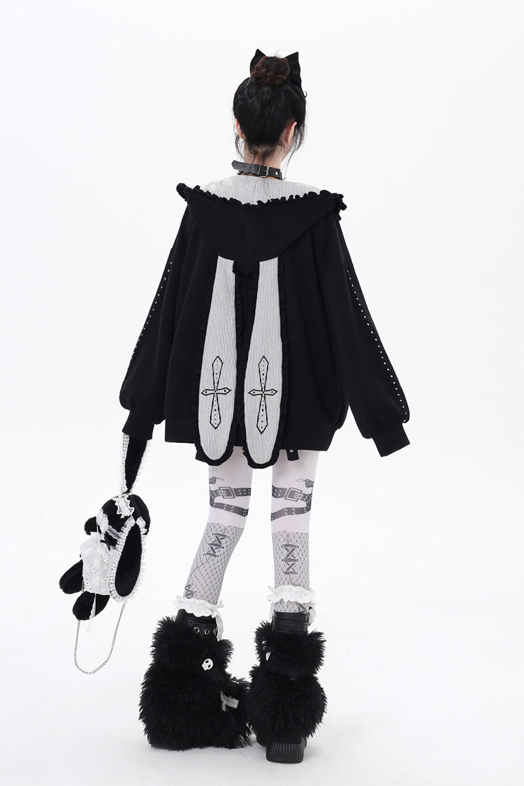 [Striped Bunny Ears] Long Sleeves Heart Print Embroidery Hooded Zipper Sweet Jirai Kei Cool Lolita Coat 2 Colors