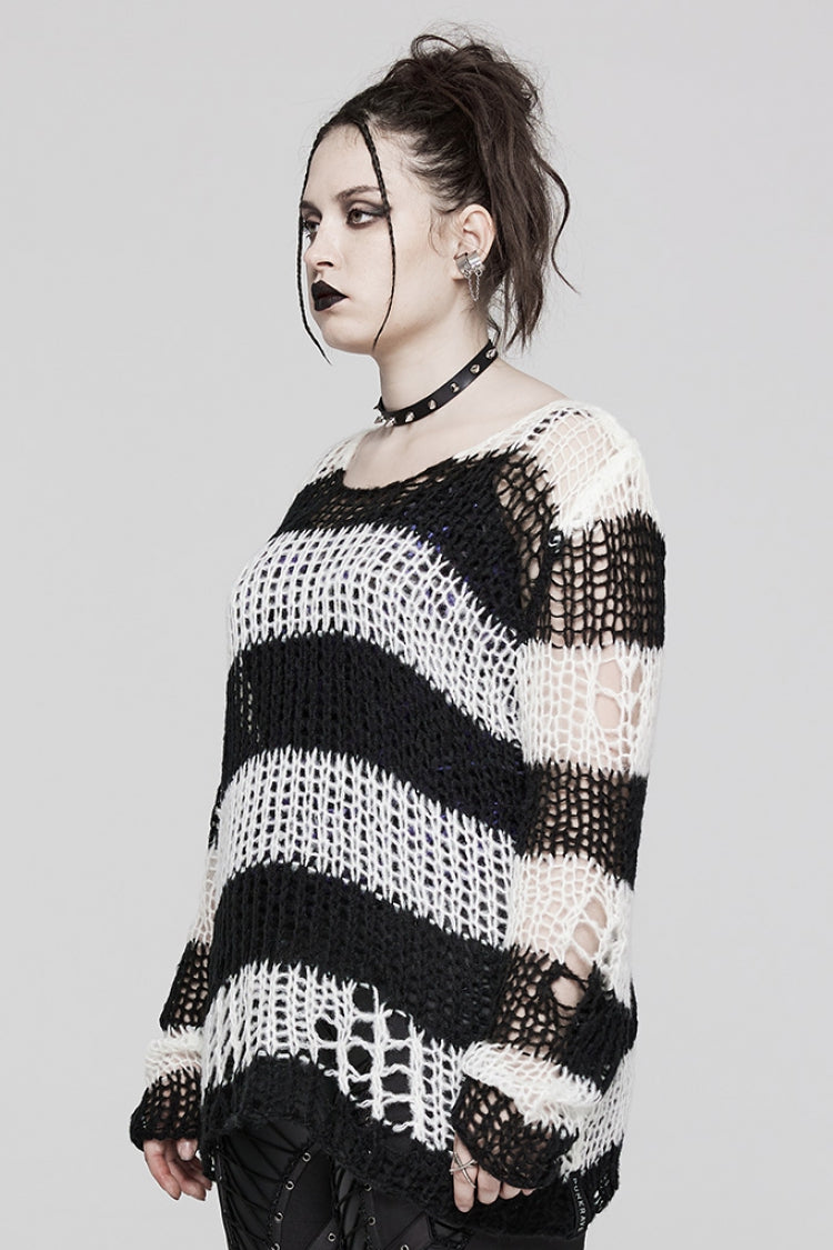 Round Collar Striped Print Irregular Ripped Women's Gothic Sweater 4 Colors