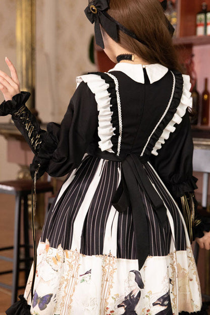 Black/White Dark Gold Hymn Bowknot Square Collar Long Sleeves Cardigan Ruffled Gothic Lolita OP Dress