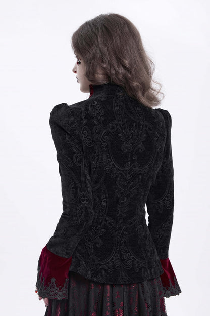 Black/Red Stand Collar Long Trumpet Sleeves Embroidery Women's Gothic Jacket